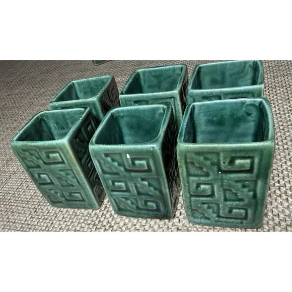 Vtg Kahlua Mayan Aztec Warrior Decanter Green 6 Shot Glass Set MCM Barware Rare - Picture 12 of 16